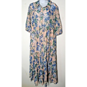Kate & Lily Size 10 Maxi Dress Sheer Pink Floral Tropical Chiffon Collared Butt